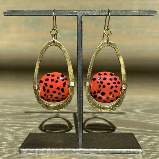 Kenyan Clay Bead Earrings: brass with burnt orange polka-dot beads
