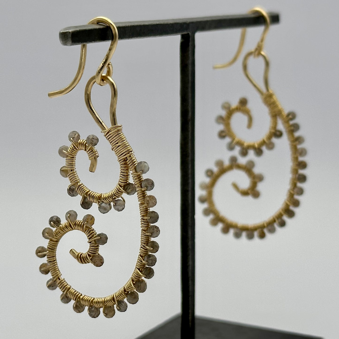 Hand-Hammered Paisley Spiral Dangles: Grey Moonstoon