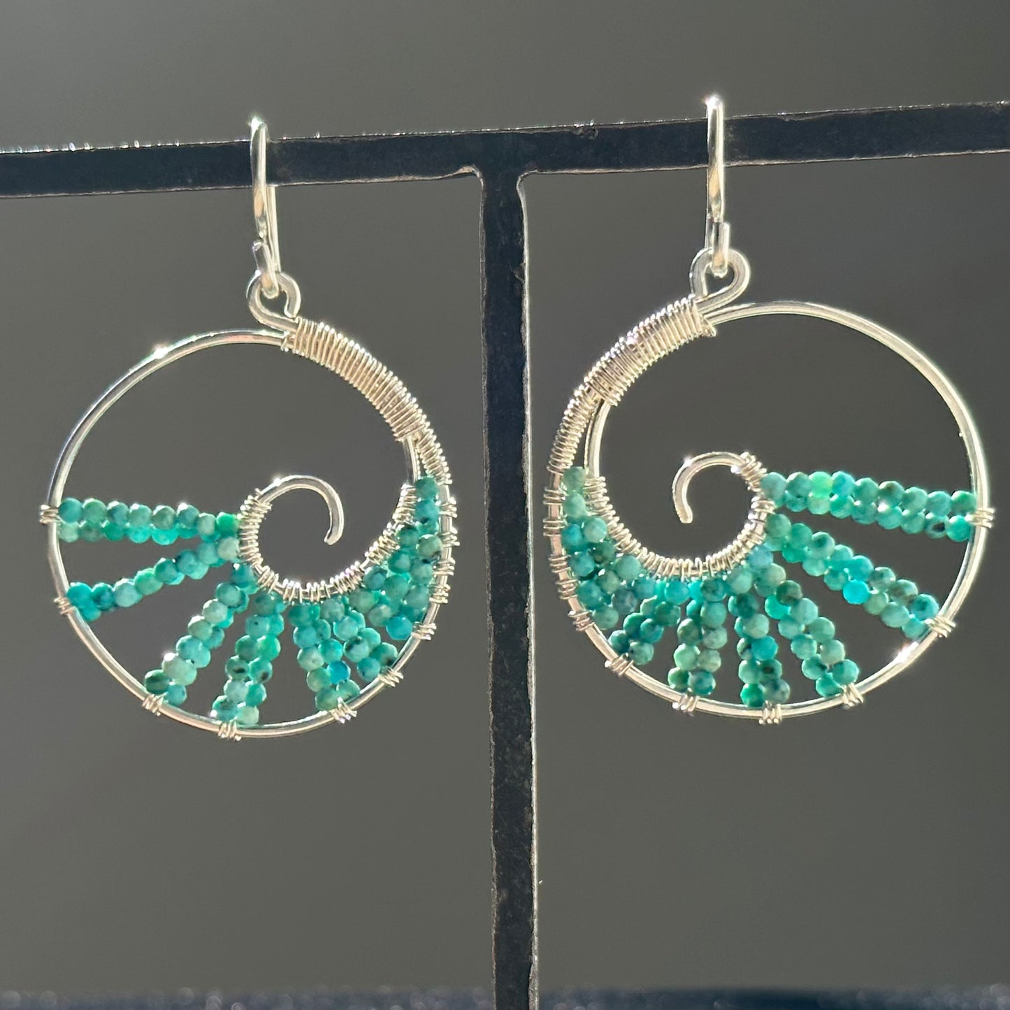 Hand-Hammered Spiral Wave Dangles: Tibetan Turquoise