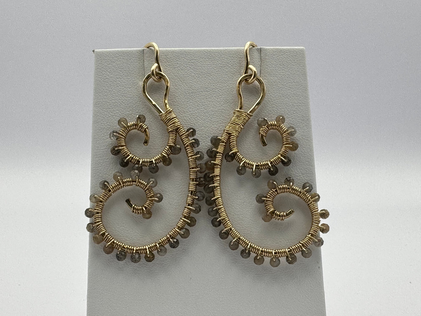 Hand-Hammered Paisley Spiral Dangles: Grey Moonstoon