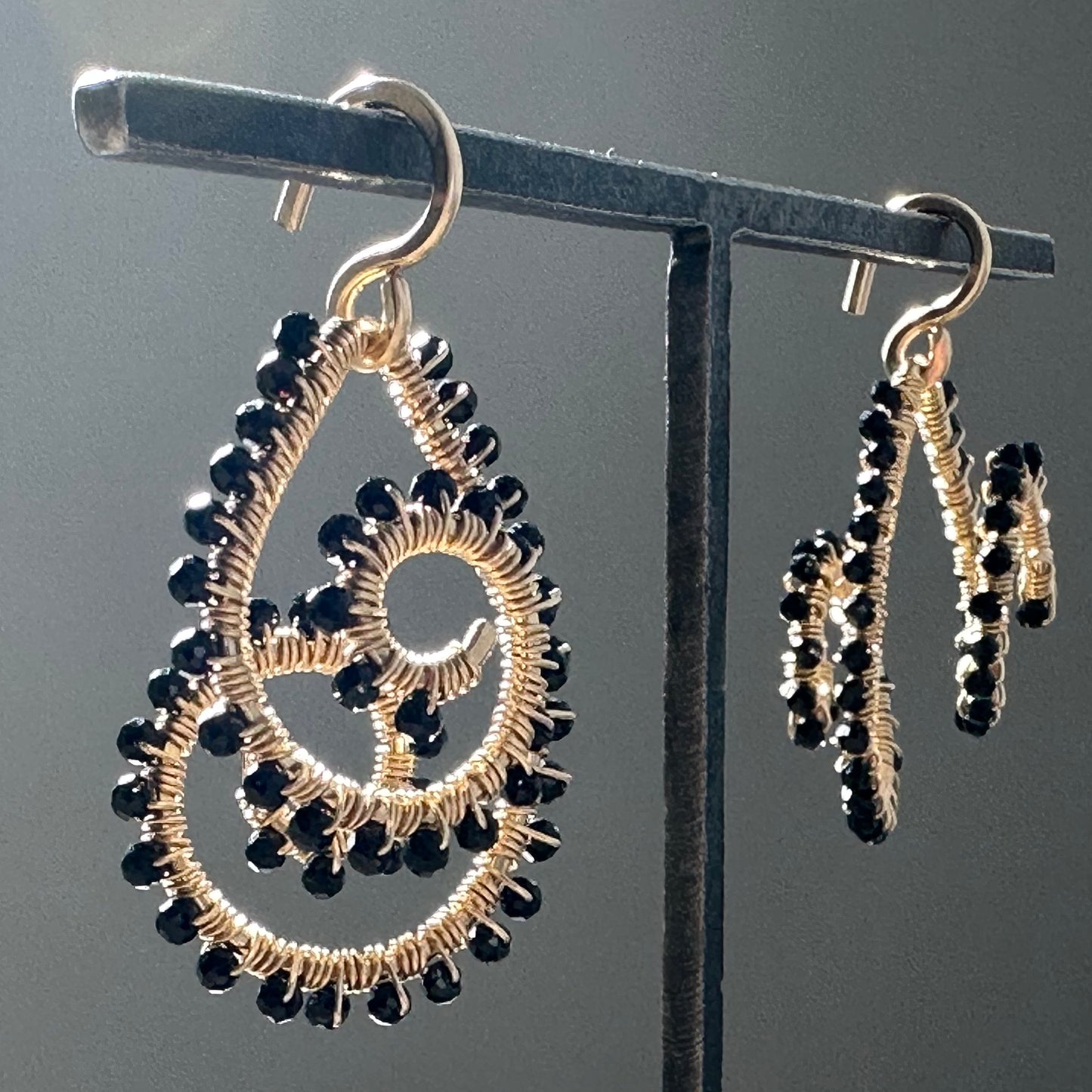 Hand-Hammered Double Spiral Dangles: Black Tourmaline
